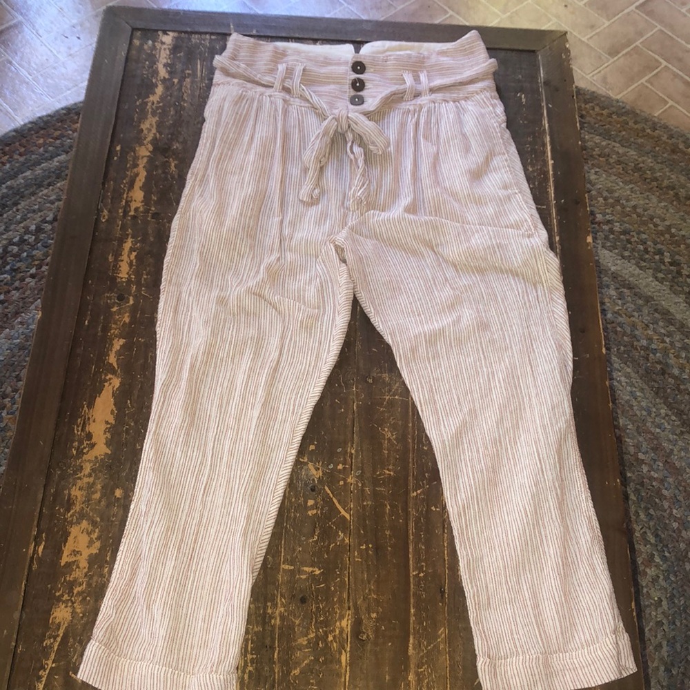 Free People Rumors Yarn Dye Harem Pants Striped Cropped Belted High Waist Boho